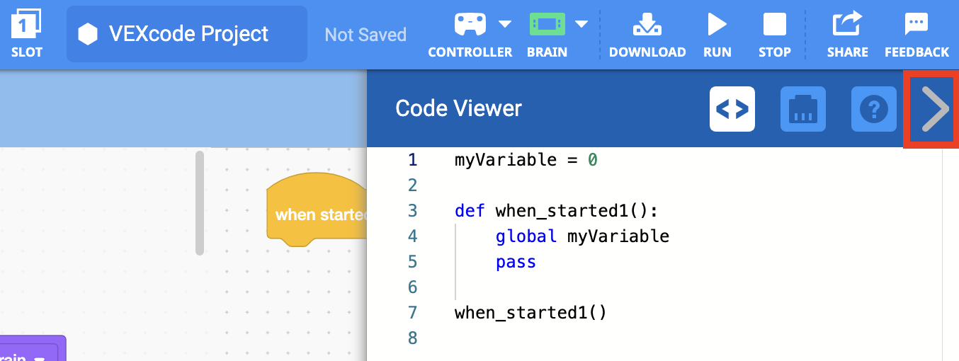 Code Viewer-Menü mit hervorgehobenem Pfeil nach rechts in der Symbolleiste. Durch Auswahl dieses Symbols kann das Menü geschlossen werden.