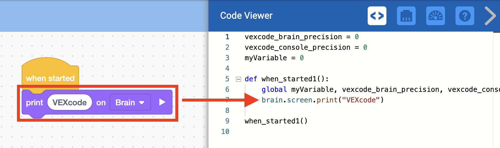 O menu do Visualizador de Código está aberto e apresenta uma versão em Python do projeto. A linha de código que corresponde ao bloco Print está realçada e o comando é brain.screen.print(VEXcode).