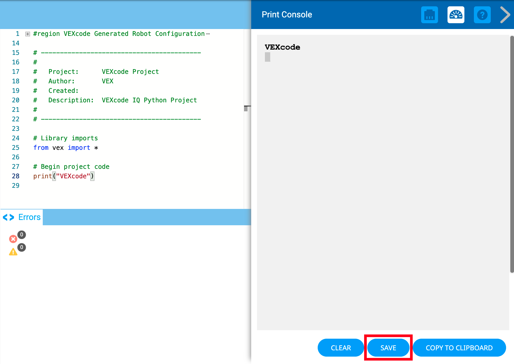 Menu Print Console đang mở và nút Save được tô sáng bên dưới.