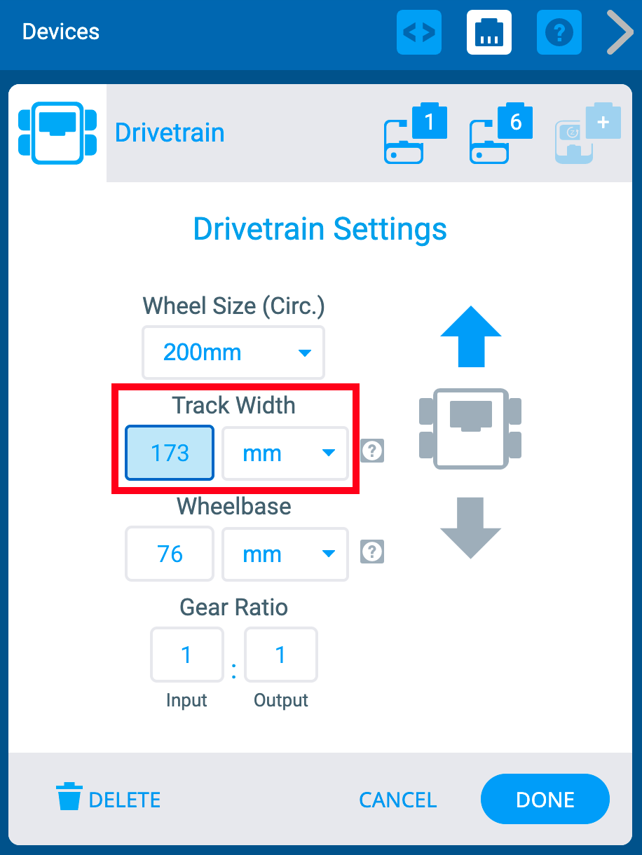 VEXcode IQ Devices উইন্ডোতে Drivetrain Settings মেনু দেখানো হয়েছে। ট্র্যাক প্রস্থের বিকল্পগুলি হাইলাইট করা হয়েছে। একটি সংখ্যার জন্য একটি ক্ষেত্র আছে এবং তারপর একটি ড্রপডাউন মেনু আছে যেখানে আপনি ইউনিট, মিমি বা ইঞ্চি নির্বাচন করতে পারবেন।