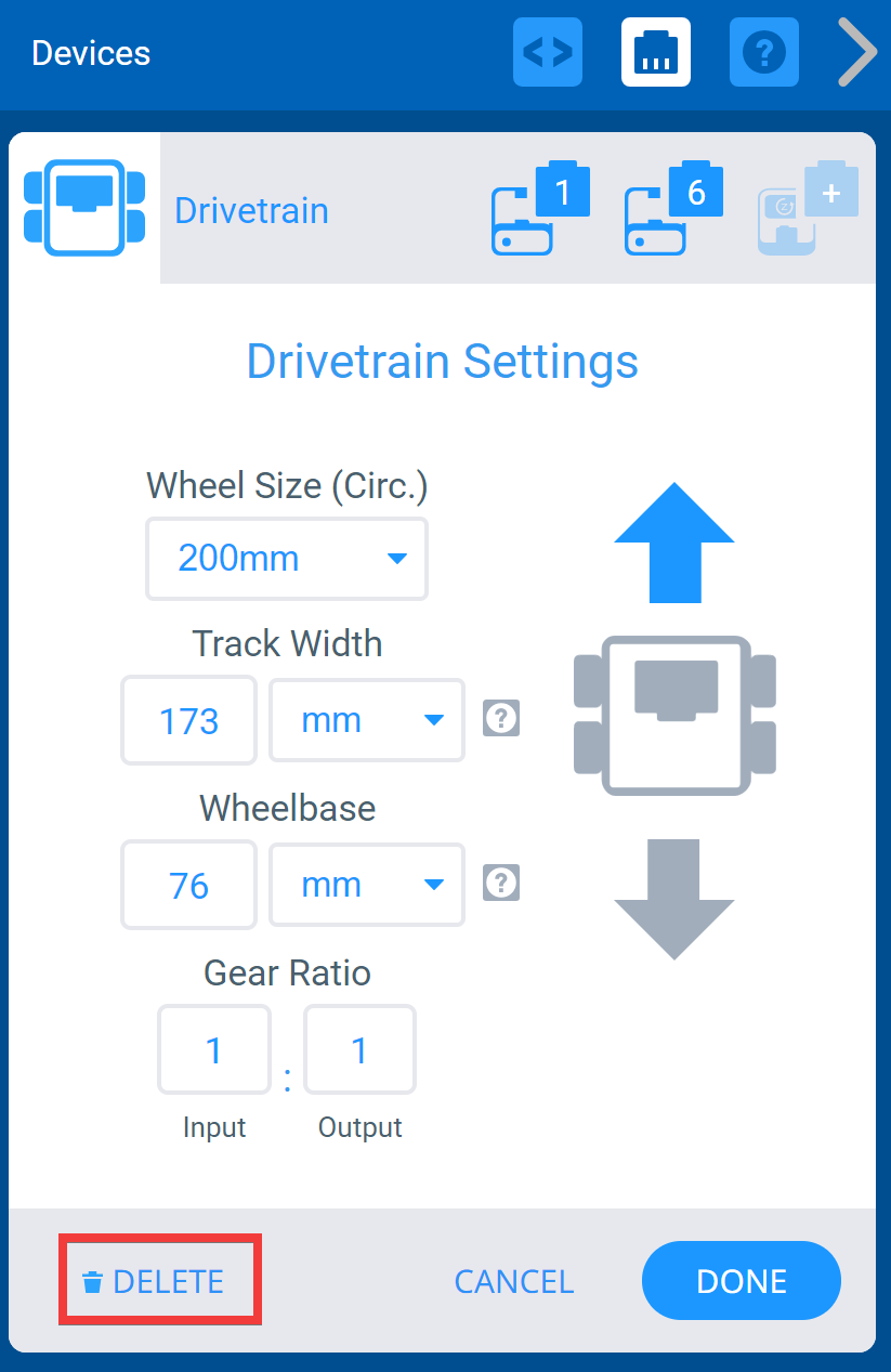 Jendela Perangkat VEXcode IQ dengan menu Pengaturan Drivetrain ditampilkan. Di bawah, tombol Hapus disorot.