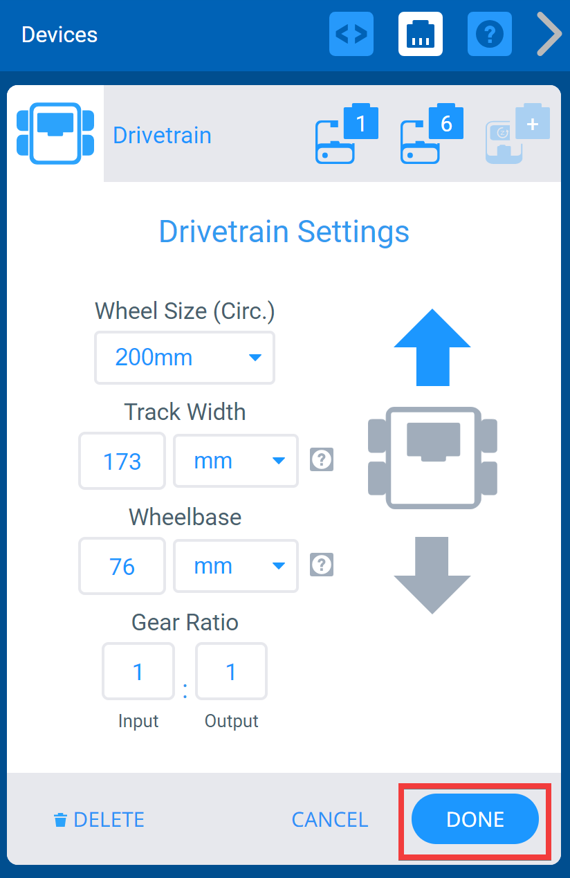 Menu de dispositivos VEXcode IQ após selecionar as portas do grupo motopropulsor e com o ecrã de definições do grupo motopropulsor apresentado. Abaixo, o botão Concluído está destacado.