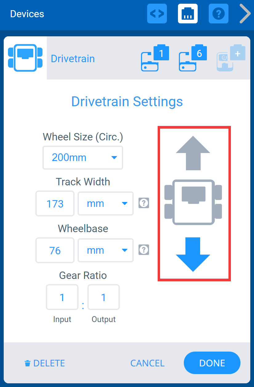 หน้าต่างอุปกรณ์ VEXcode IQ พร้อมเมนูการตั้งค่า Drivetrain ที่แสดงอยู่ เลือกลูกศรย้อนกลับเพื่อเปลี่ยนทิศทางของระบบขับเคลื่อน