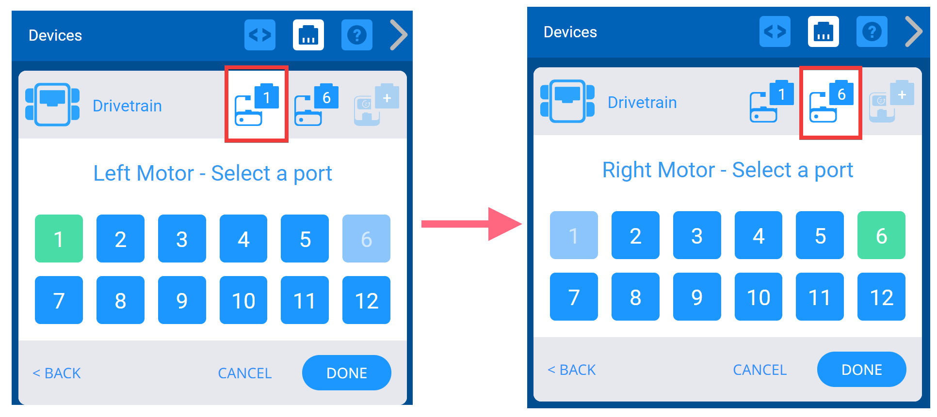 Dos capturas de pantalla una al lado de la otra que muestran el menú de selección de puerto que se utiliza para cambiar números de puerto ya configurados. Los puertos seleccionados previamente se mostrarán en verde y luego de seleccionar los nuevos, el usuario puede presionar Listo para guardar los cambios.