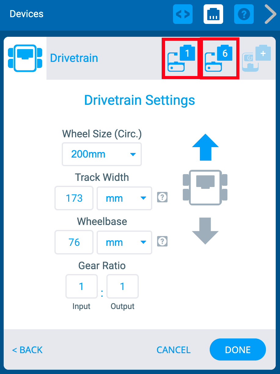 Ventana VEXcode IQ Devices con el menú Drivetrain Settings mostrado. Arriba, se resaltan los dos iconos de los puertos izquierdo y derecho del motor.