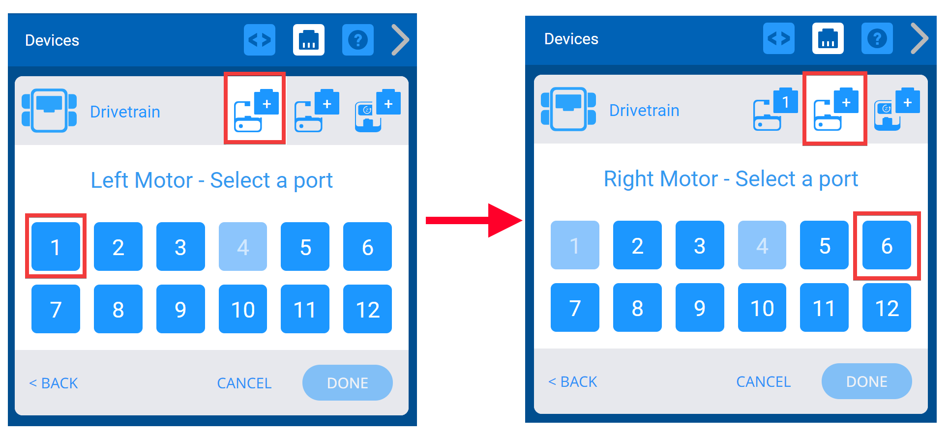 Sol Motor ve ardından Sağ Motor için Portların seçilme sürecini gösteren yan yana iki ekran görüntüsü.