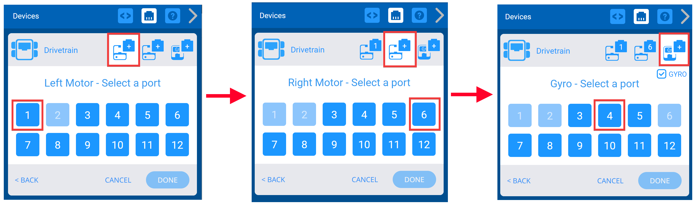 Tres capturas de pantalla una al lado de la otra que muestran el proceso de selección de puertos para el motor izquierdo y luego para el motor derecho. Por último, se selecciona el Gyro Port.