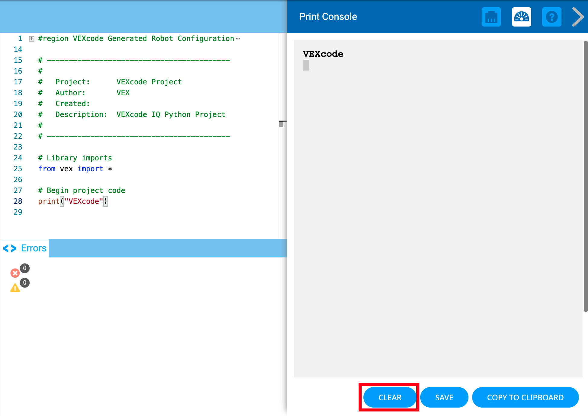 เมนู Print Console เปิดอยู่และปุ่ม Clear จะถูกไฮไลต์อยู่ด้านล่าง