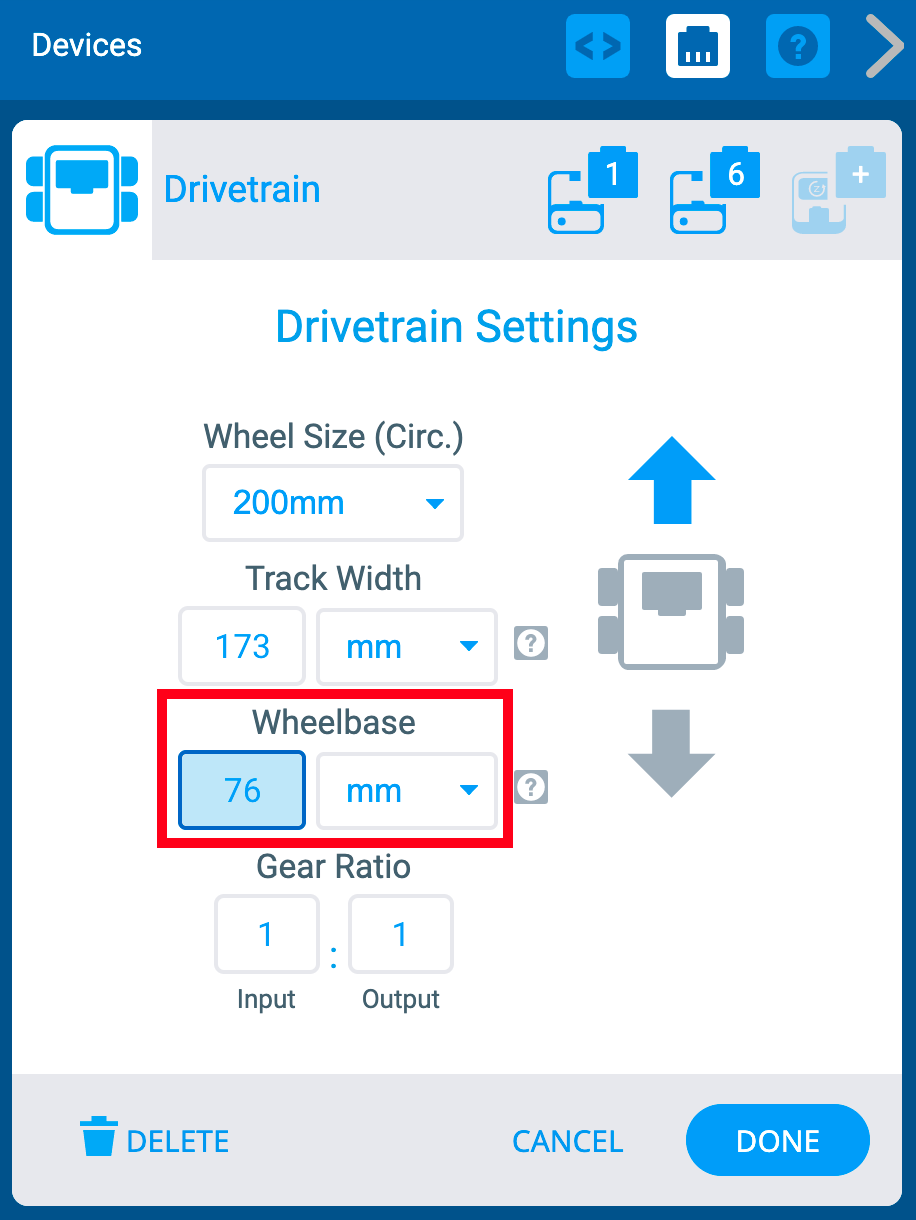 Ventana VEXcode IQ Devices con el menú Drivetrain Settings mostrado. Las opciones de distancia entre ejes están resaltadas. Hay un campo para un número y luego un menú desplegable para seleccionar la unidad, mm o pulgadas.