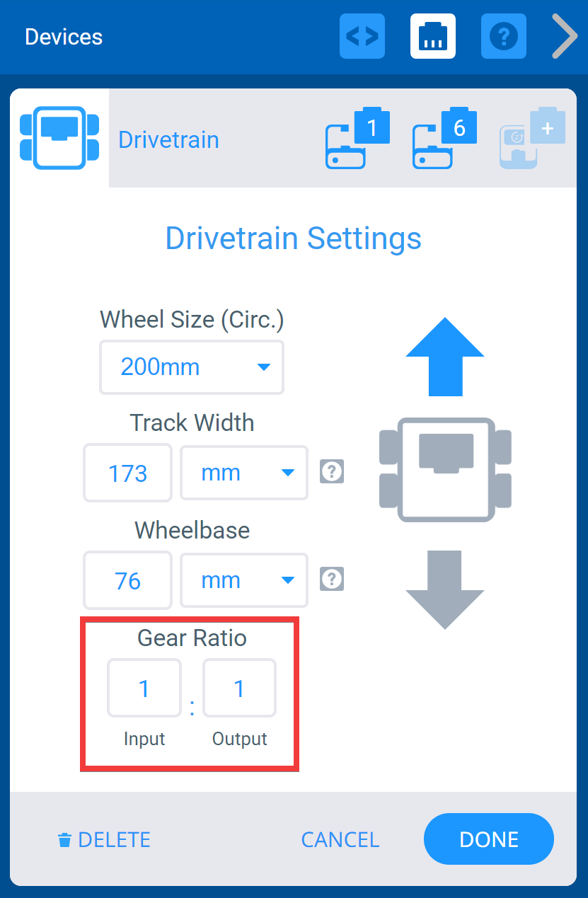 Ventana VEXcode IQ Devices con el menú Drivetrain Settings mostrado. Se resaltan las opciones de relación de transmisión. Hay un campo de entrada y un campo de salida, y un símbolo que indica que los números representan una relación.