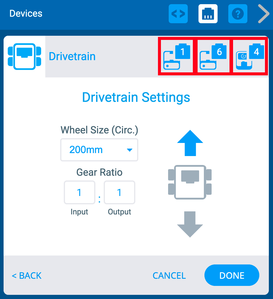 Jendela Perangkat VEXcode IQ dengan menu Pengaturan Drivetrain ditampilkan. Di atas, ikon Motor Kiri, Motor Kanan, dan Port Gyro disorot.