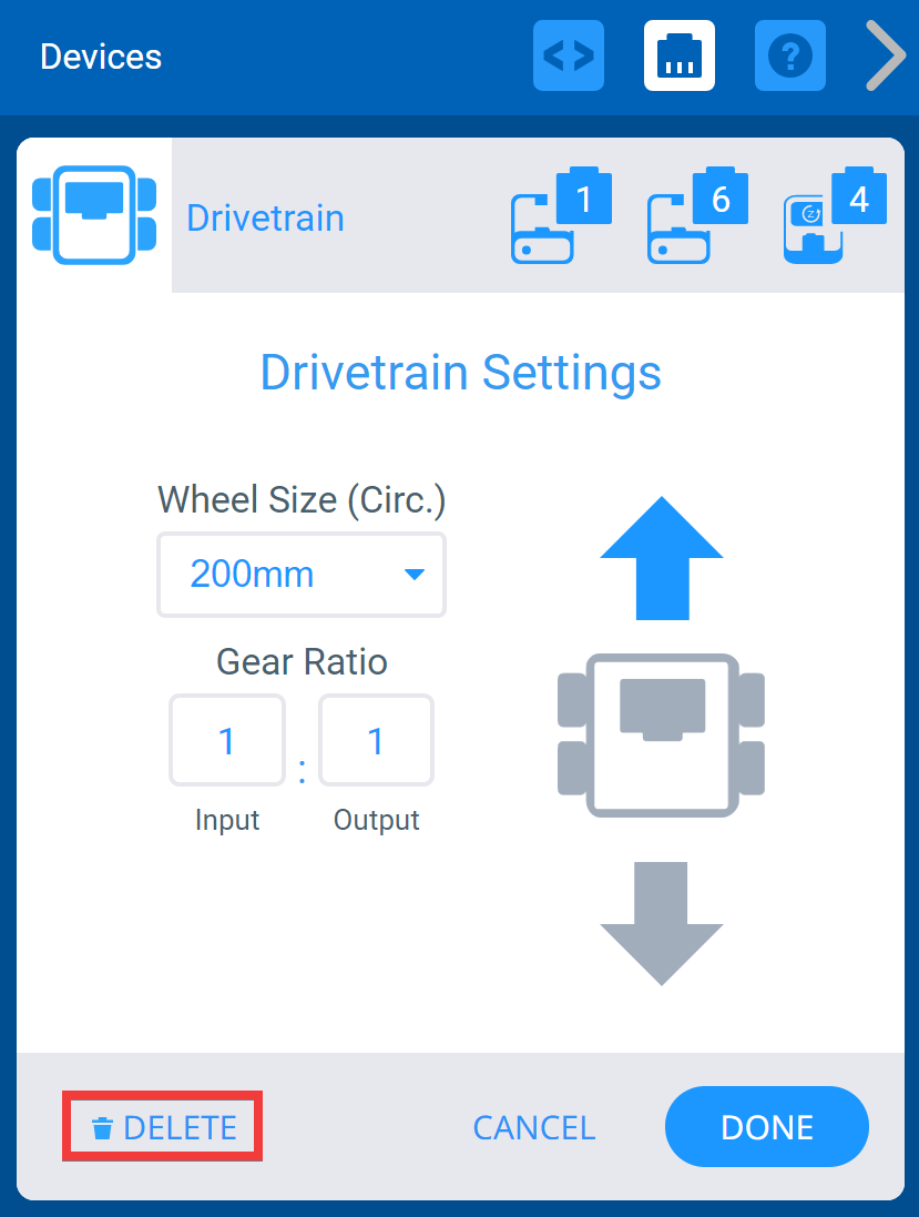 Finestra Dispositivi VEXcode IQ con il menu Impostazioni trasmissione visualizzato. In basso è evidenziato il pulsante Elimina.