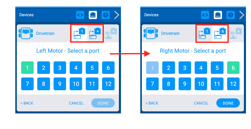 Due schermate affiancate che mostrano il menu Selezione porta utilizzato per modificare i numeri di porta già impostati per i motori. Le porte selezionate in precedenza appariranno in verde e, dopo aver selezionato quelle nuove, l'utente potrà premere Fine per salvare le modifiche.