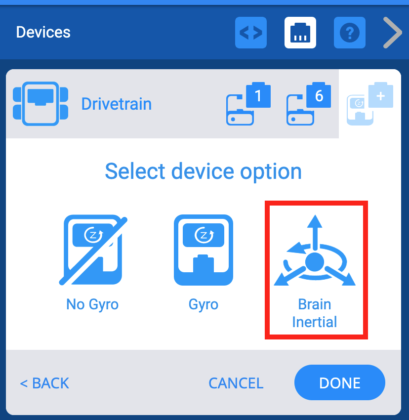 Menu Dispositivi VEXcode IQ dopo aver selezionato le porte della trasmissione e con la schermata delle opzioni del dispositivo Gyro visualizzata. L'opzione Brain Inertial è evidenziata.