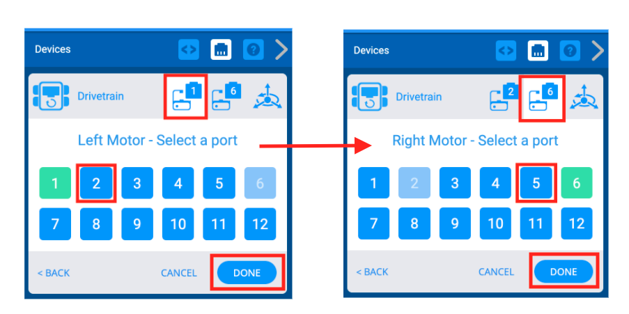 Due schermate affiancate che mostrano il menu Selezione porta utilizzato per modificare i numeri di porta già impostati per i motori. Le porte selezionate in precedenza appariranno in verde e, dopo aver selezionato quelle nuove, l'utente potrà premere Fine per salvare le modifiche.