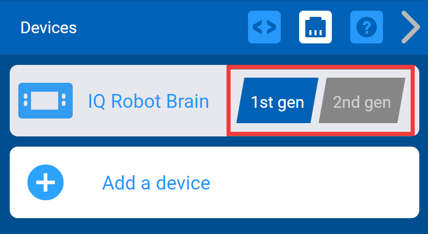 VEXcode IQ Devices-menu met de generatie-instelling voor IQ Robot Brain weergegeven. Deze instelling is gemarkeerd en staat ingesteld op de 1e generatie-optie.