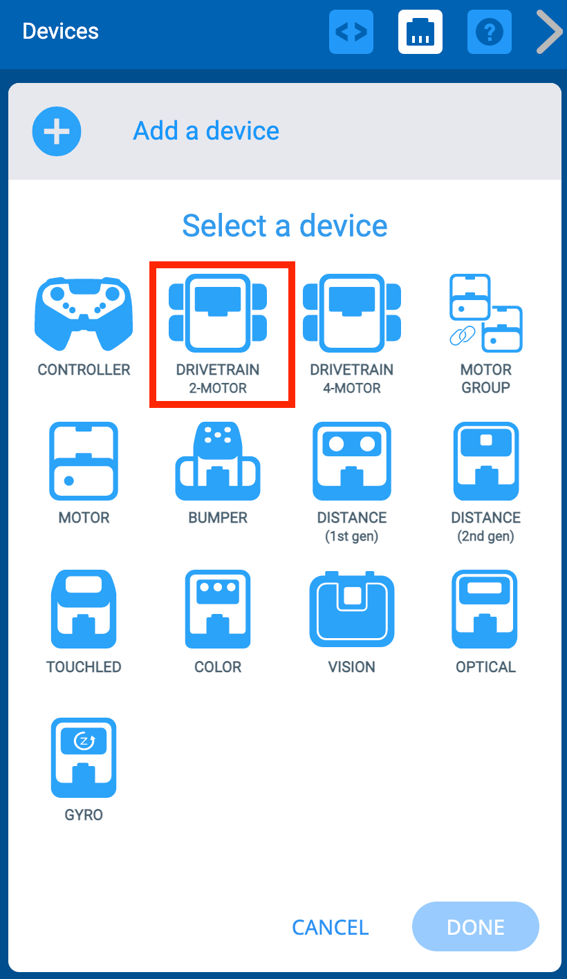 Menu VEXcode IQ-apparaten nadat u op de knop Apparaat toevoegen hebt geklikt. De optie Drivetrain 2 motoren is gemarkeerd.