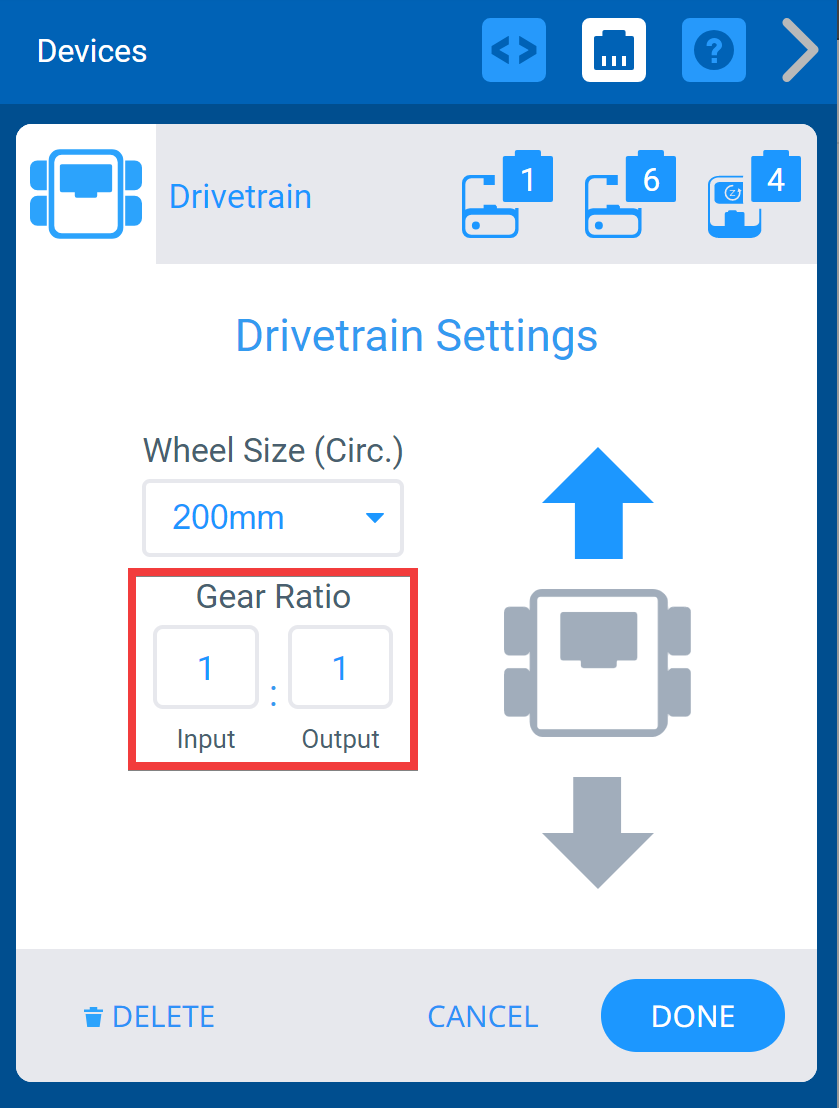 Cửa sổ Thiết bị VEXcode IQ với menu Cài đặt hệ thống truyền động được hiển thị. Các tùy chọn Tỷ số truyền được đánh dấu nổi bật. Có một trường nhập và một trường xuất, và một ký hiệu cho biết các con số biểu thị một tỷ lệ.