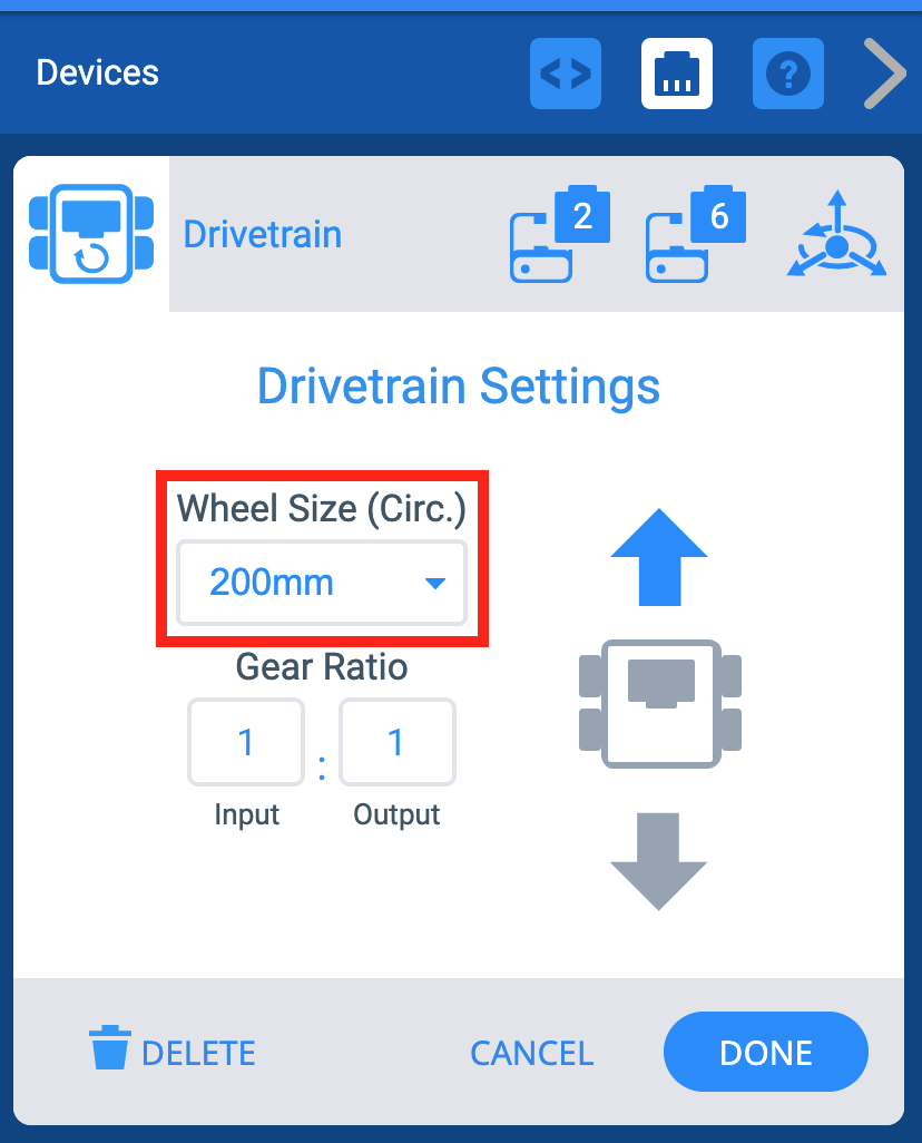 Janela VEXcode IQ Devices com o menu de Definições do Trem de Força apresentado. O menu suspenso Tamanho da roda está destacado.