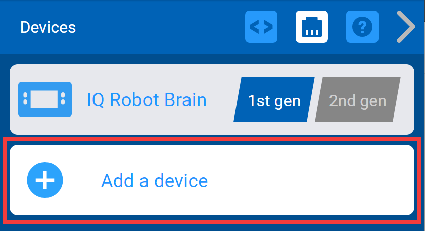 VEXcode IQ Eszközök menü, amelyen az Eszköz hozzáadása gomb kiemelve látható.