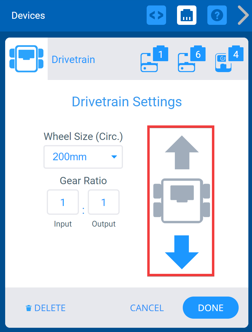 Jendela Perangkat VEXcode IQ dengan menu Pengaturan Drivetrain ditampilkan. Panah sebaliknya telah dipilih untuk mengubah arah Drivetrain.