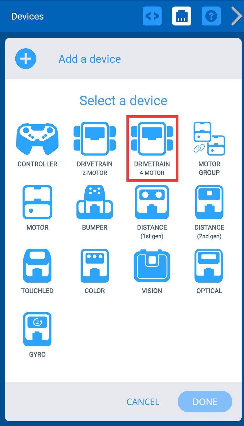 Menu de dispositivos VEXcode IQ após selecionar o botão Adicionar um dispositivo. A opção de transmissão com 4 motores está destacada.