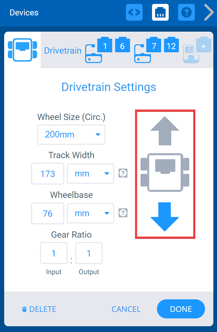 Janela VEXcode IQ Devices com o menu de Definições do Trem de Força apresentado. A seta inversa foi selecionada para alterar o sentido da transmissão.