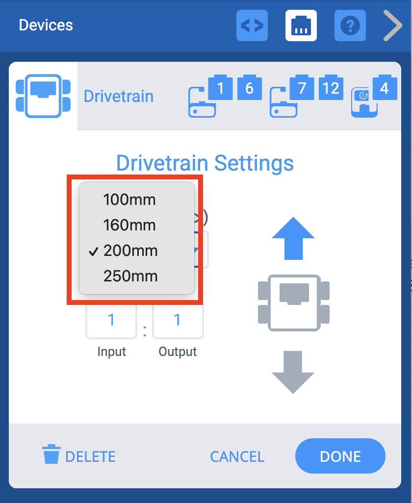 VEXcode IQ Devices উইন্ডোতে Drivetrain Settings মেনু দেখানো হয়েছে। চাকার আকারের ড্রপডাউন মেনুটি হাইলাইট করা হয়েছে।