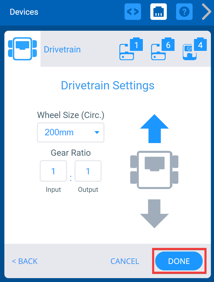 Menú VEXcode IQ Devices después de seleccionar los puertos del tren motriz y con la pantalla de configuración del tren motriz mostrada. A continuación, se resalta el botón Listo.