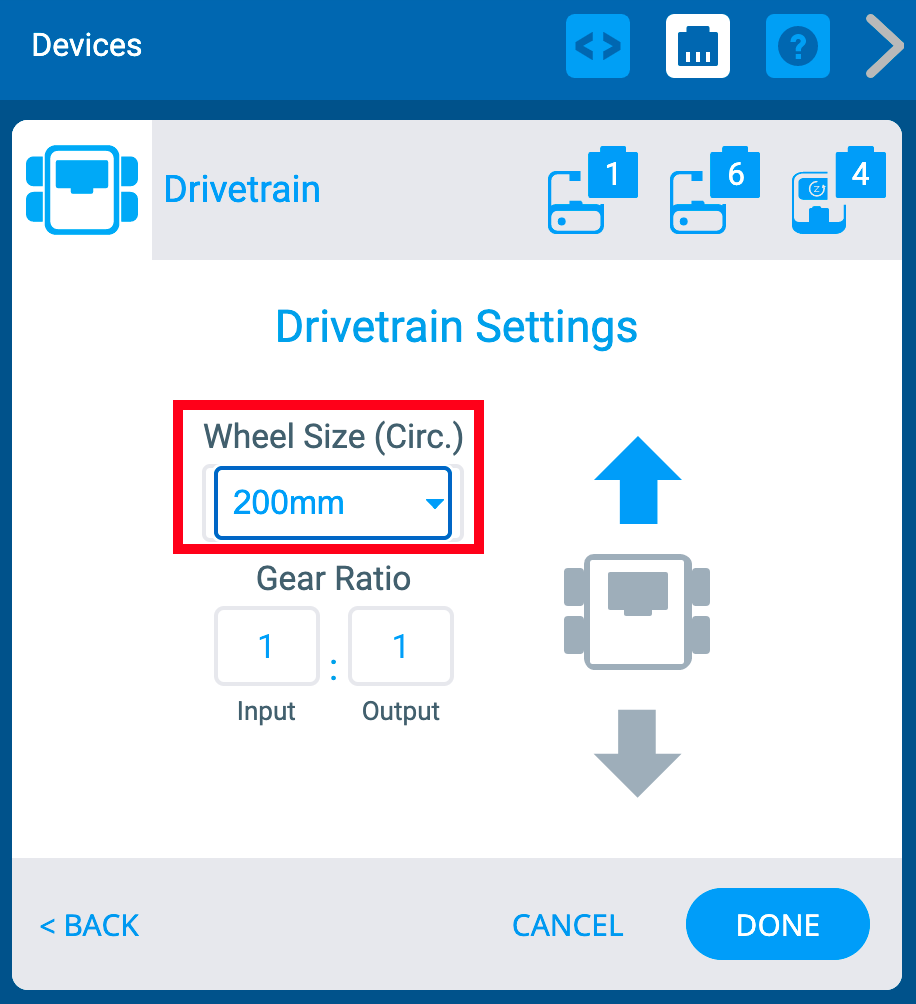 Ventana VEXcode IQ Devices con el menú Drivetrain Settings mostrado. El menú desplegable Tamaño de la rueda está resaltado.