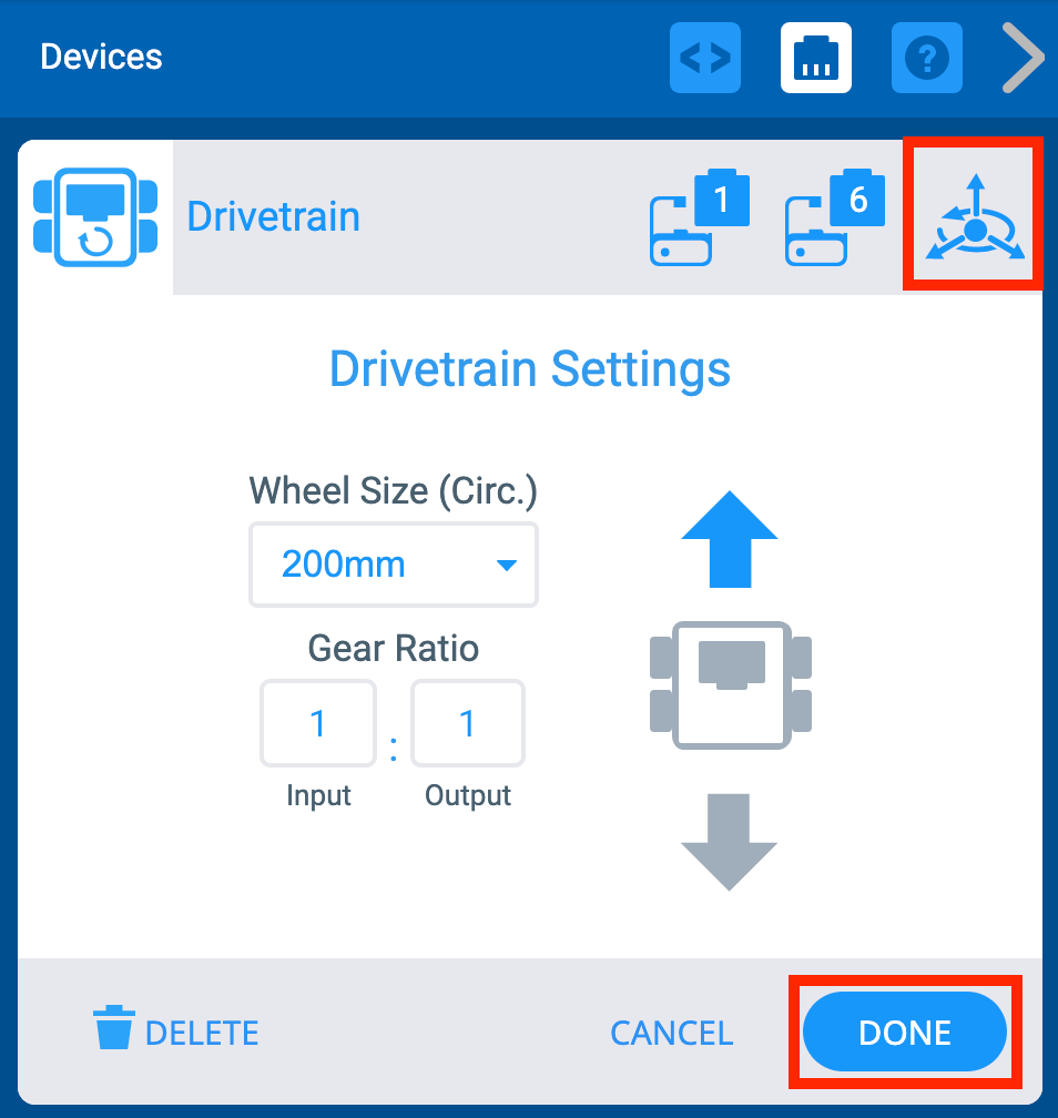 เมนูอุปกรณ์ VEXcode IQ หลังจากเลือกพอร์ต Drivetrain และแสดงหน้าจอการตั้งค่า Drivetrain ด้านบนนี้ ไอคอน Brain Inertial จะถูกเน้นไว้ ด้านล่างนี้ปุ่มเสร็จสิ้นจะถูกเน้นไว้