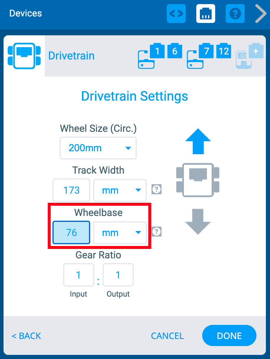 Jendela Perangkat VEXcode IQ dengan menu Pengaturan Drivetrain ditampilkan. Pilihan Wheelbase disorot. Ada kolom untuk angka dan kemudian menu tarik-turun untuk memilih satuan, mm atau inci.