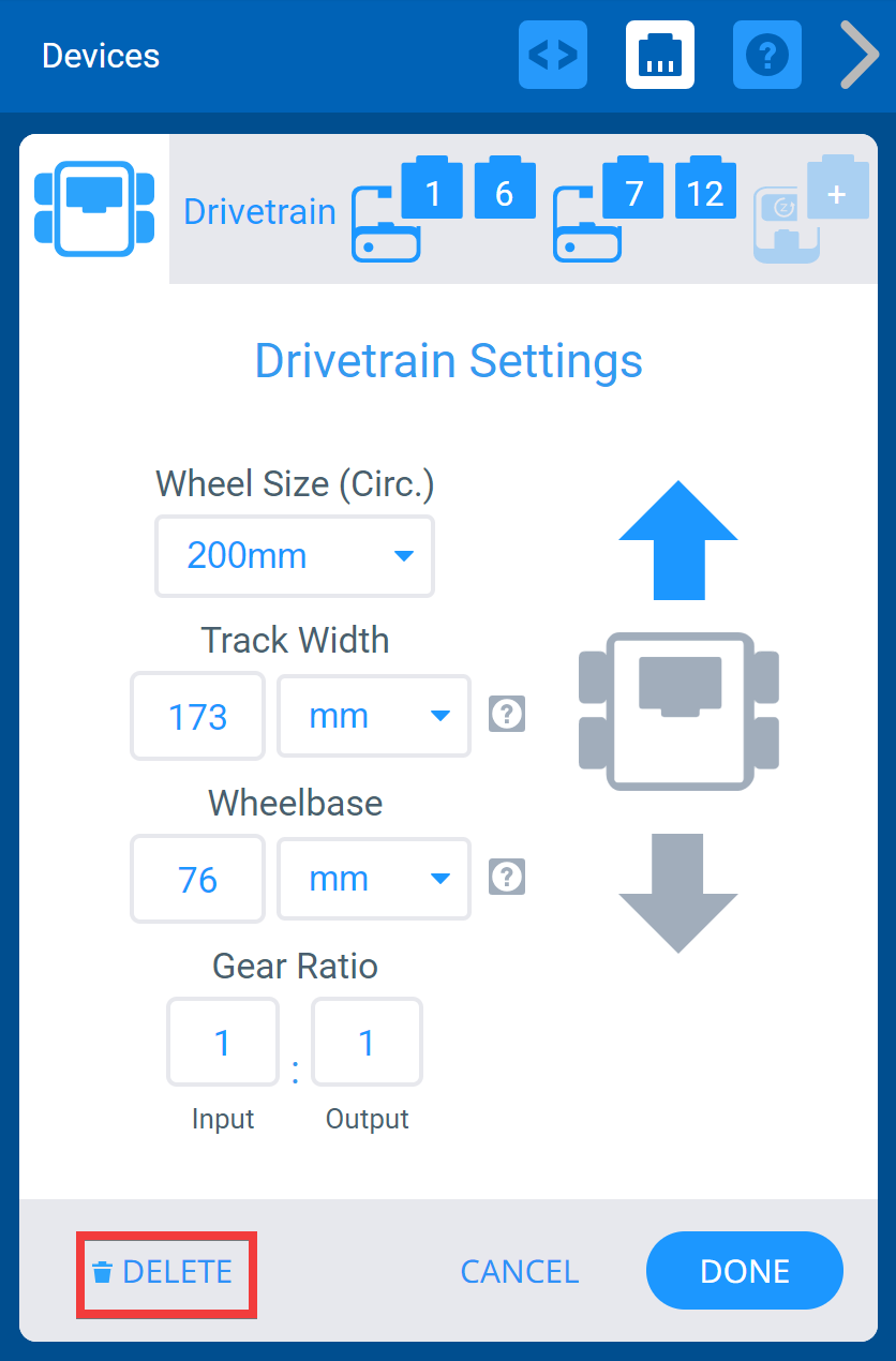 Ventana de dispositivos VEXcode IQ con el menú Configuración del tren motriz mostrado. A continuación, se resalta el botón Eliminar.