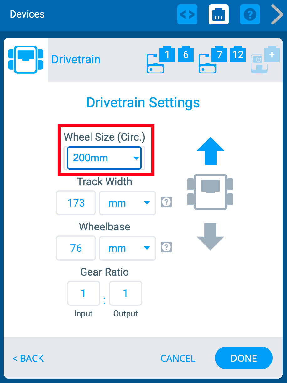 หน้าต่างอุปกรณ์ VEXcode IQ พร้อมเมนูการตั้งค่า Drivetrain ที่แสดงอยู่ เมนูแบบเลื่อนลงขนาดล้อถูกเน้นไว้