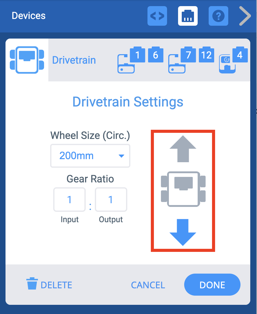 Finestra Dispositivi VEXcode IQ con il menu Impostazioni trasmissione visualizzato. La freccia inversa è stata selezionata per cambiare la direzione della trasmissione.