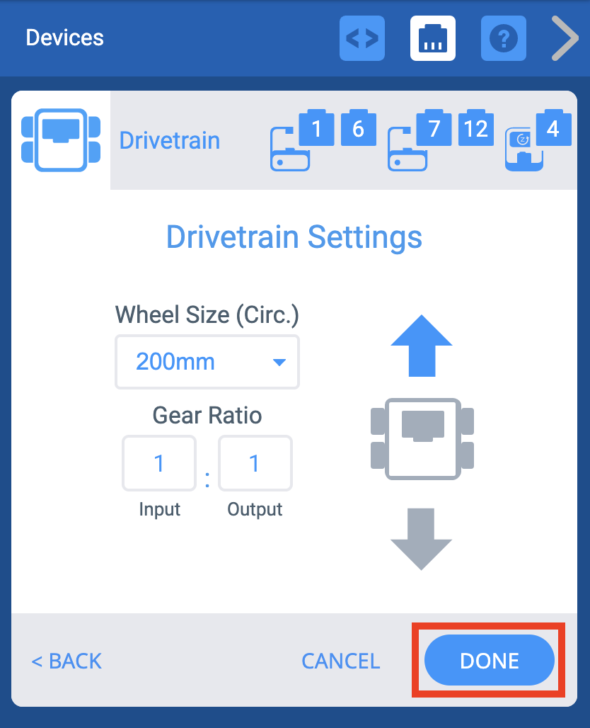 VEXcode IQ Devices-menu nadat u de aandrijflijnpoorten hebt geselecteerd en het scherm Aandrijflijninstellingen wordt weergegeven. Hieronder is de knop Gereed gemarkeerd.
