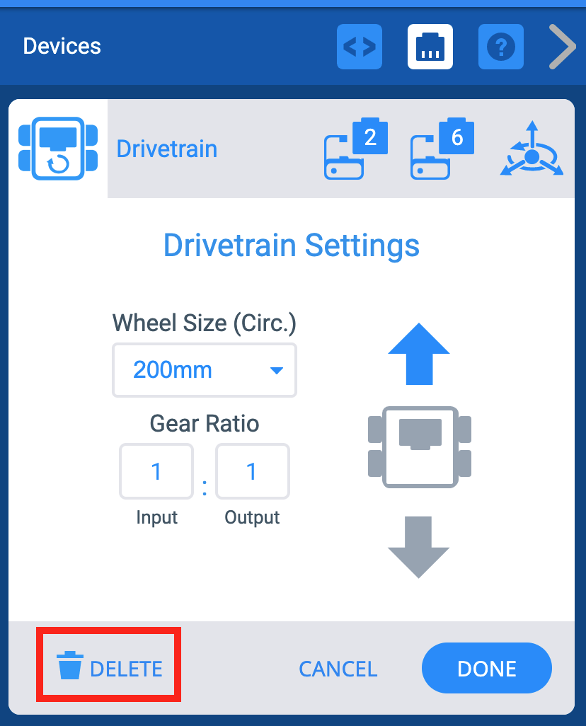 Ventana VEXcode IQ Devices con el menú Drivetrain Settings mostrado. A continuación, se resalta el botón Eliminar.