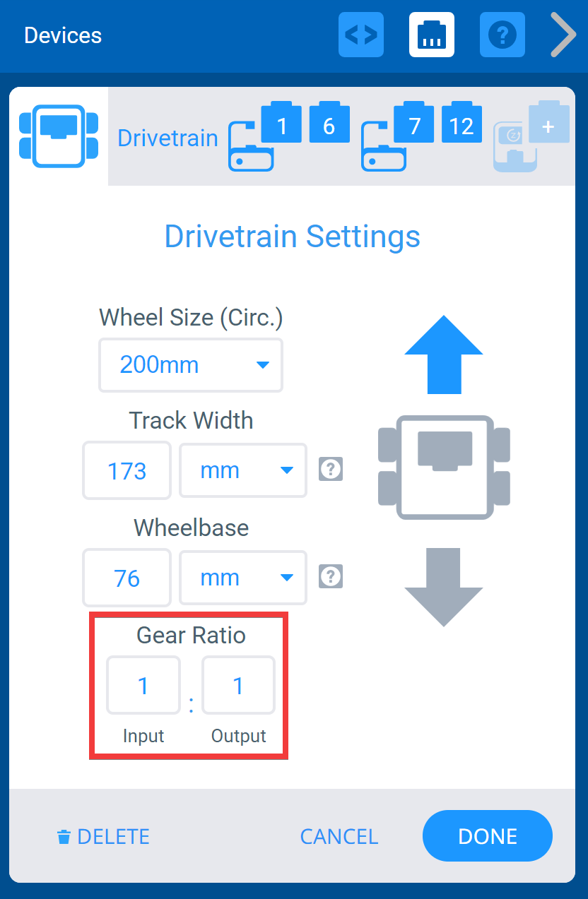 نافذة أجهزة VEXcode IQ مع قائمة إعدادات Drivetrain المعروضة. يتم تسليط الضوء على خيارات نسبة التروس. هناك حقل إدخال وحقل إخراج، ورمز يشير إلى أن الأرقام تمثل نسبة.
