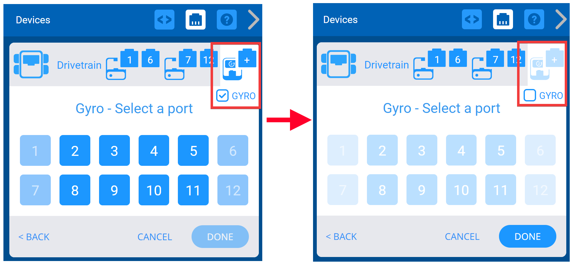 자이로 옵션의 체크가 해제된 모습을 보여주는 두 개의 스크린샷이 나란히 있습니다.