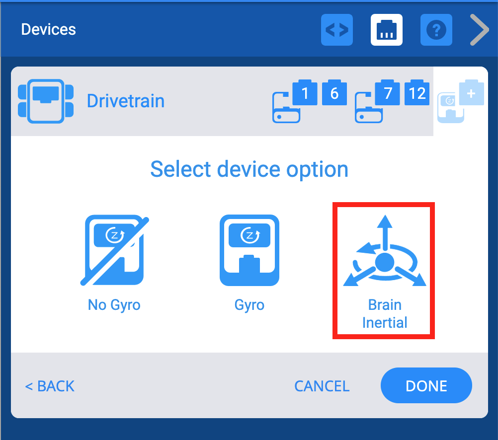 Menu Perangkat VEXcode IQ setelah memilih Port Drivetrain dan dengan layar opsi perangkat Gyro ditampilkan. Opsi Brain Inertial disorot.