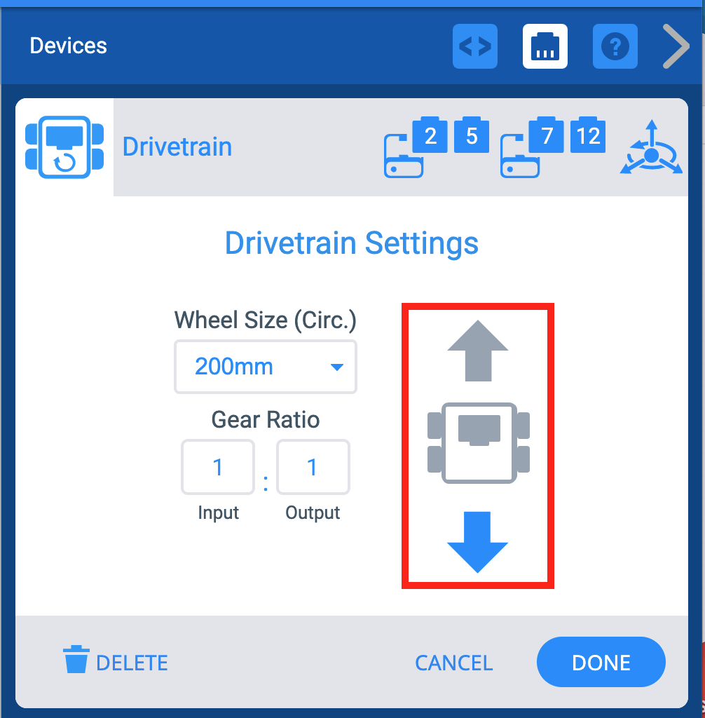 Finestra Dispositivi VEXcode IQ con il menu Impostazioni trasmissione visualizzato. La freccia inversa è stata selezionata per cambiare la direzione della trasmissione.