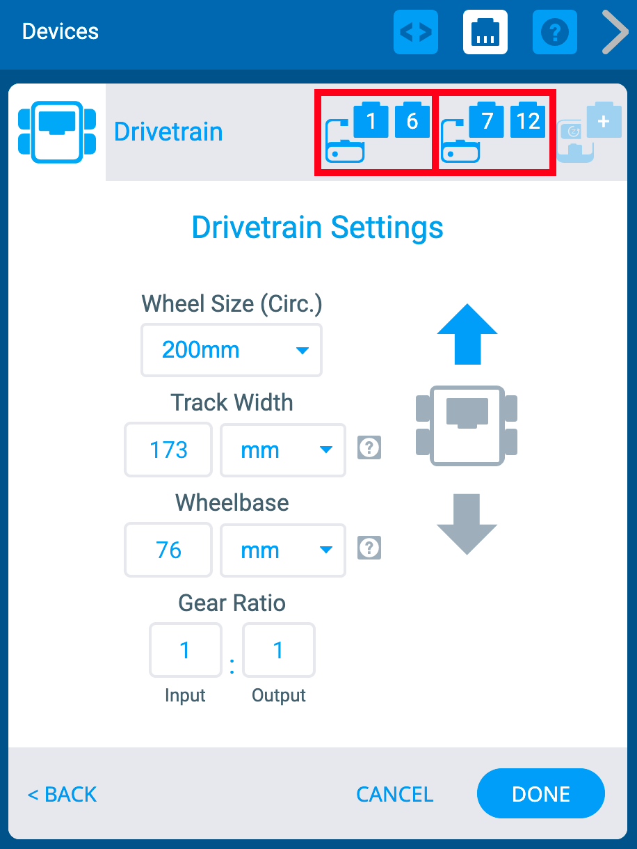 VEXcode IQ Devices উইন্ডোতে Drivetrain Settings মেনু দেখানো হয়েছে। উপরে, বাম মোটর এবং ডান মোটর পোর্টের দুটি আইকন হাইলাইট করা হয়েছে।