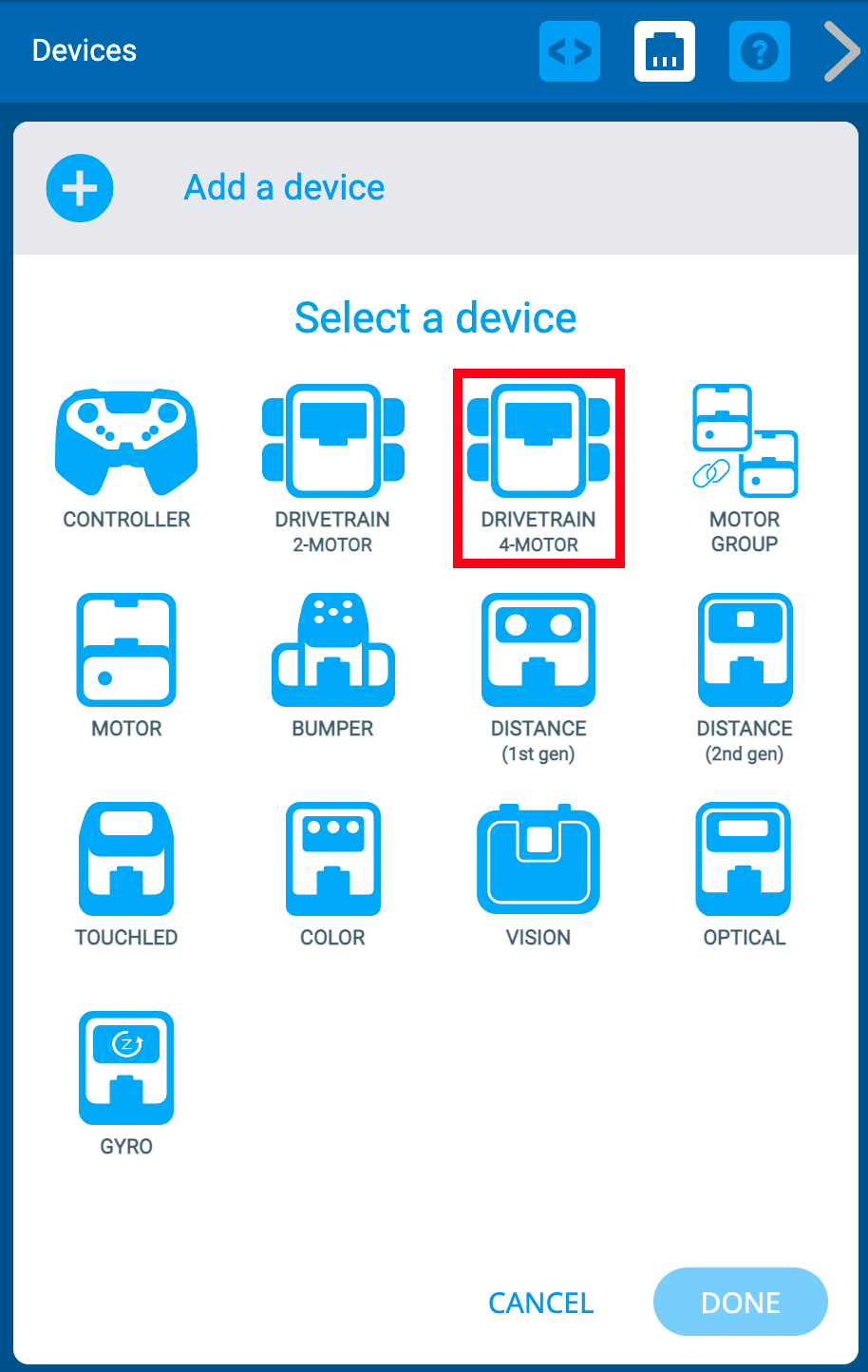 Menu de dispositivos VEXcode IQ após selecionar o botão Adicionar um dispositivo. A opção de transmissão com 4 motores está destacada.