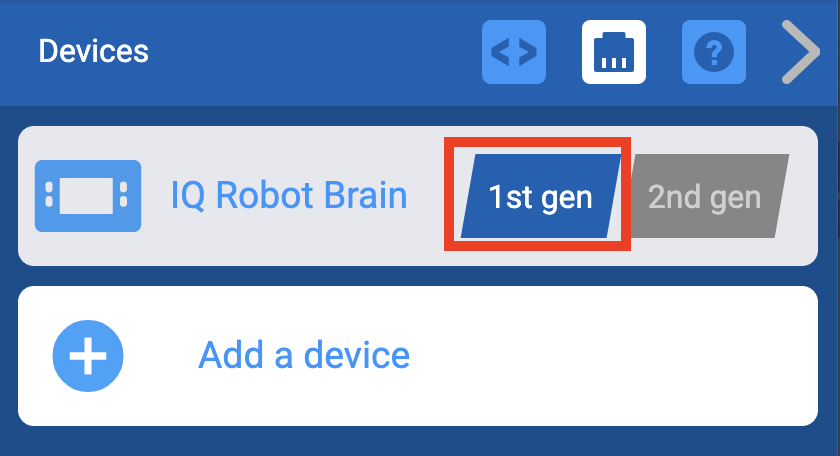 Menú de dispositivos IQ de VEXcode con la configuración de generación de cerebro robótico IQ mostrada. Esta configuración está resaltada y establecida en la opción de 1.ª generación.