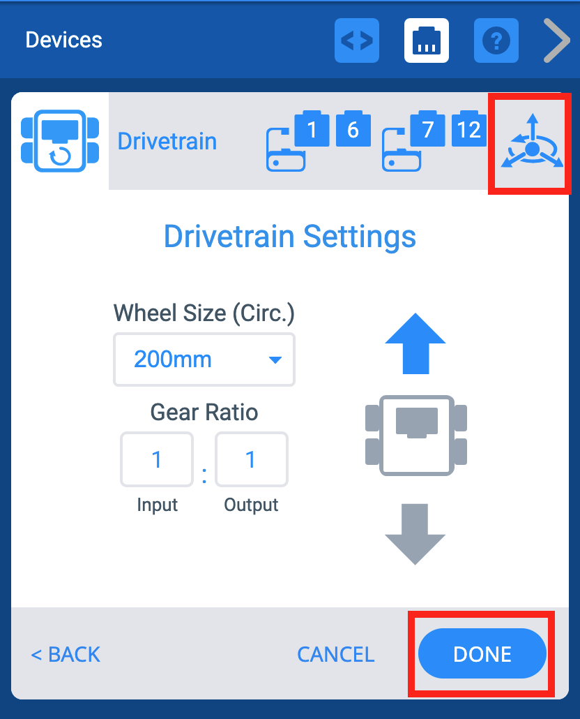 Menú VEXcode IQ Devices después de seleccionar los puertos del tren motriz y con la pantalla de configuración del tren motriz mostrada. Arriba, se resalta el ícono de Inercia cerebral. A continuación, se resalta el botón Listo.