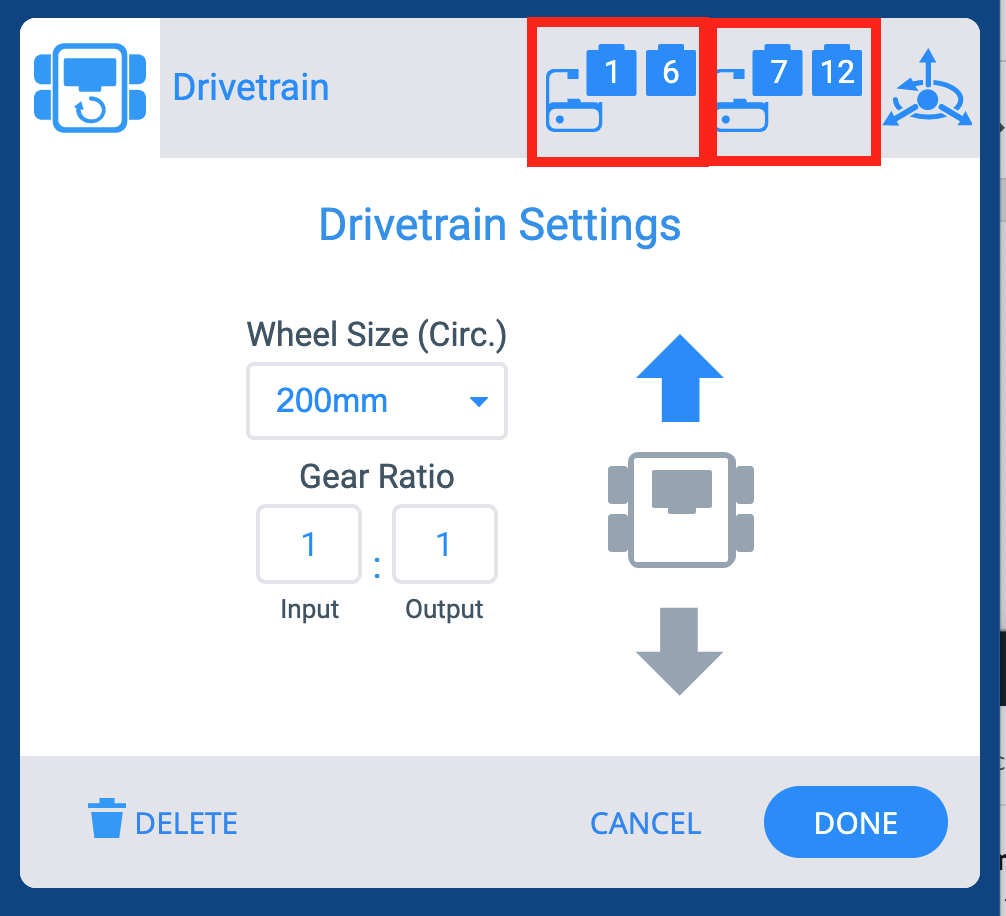 Ventana VEXcode IQ Devices con el menú Drivetrain Settings mostrado. Arriba, se resaltan los iconos de los puertos izquierdo y derecho del motor.