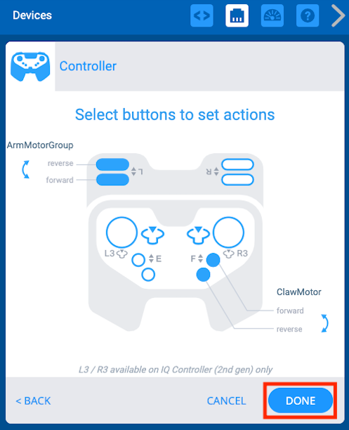 VEXcode IQ Devices-menu met de controlleropties weergegeven en knoppen die zijn verbonden met de motorgroepen van de robot. Hieronder is de knop Gereed gemarkeerd.