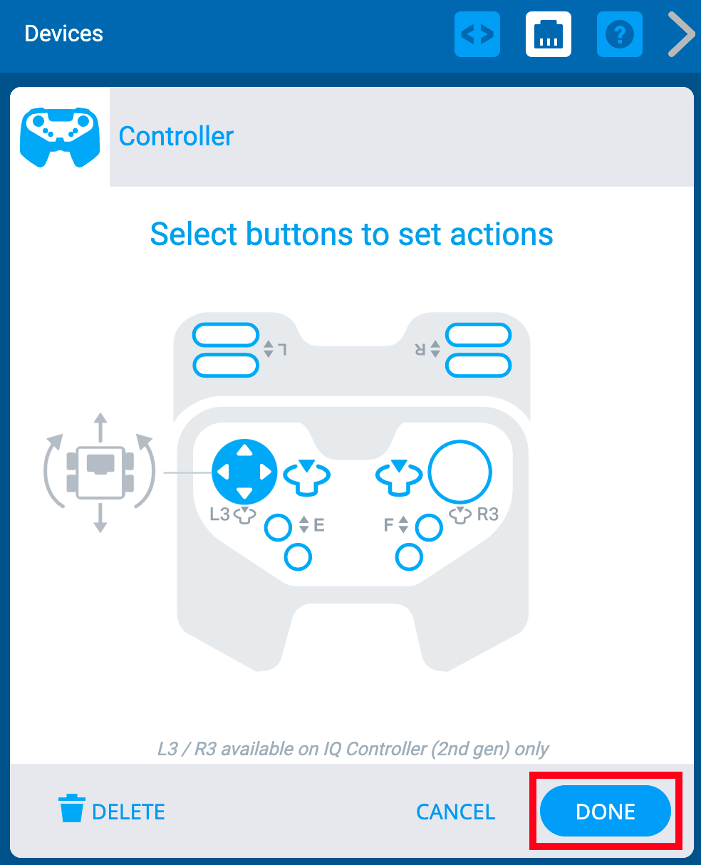 VEXcode IQ Geräte-Menü mit Anzeige der Controller-Optionen. Unten ist die Schaltfläche „Fertig“ hervorgehoben.