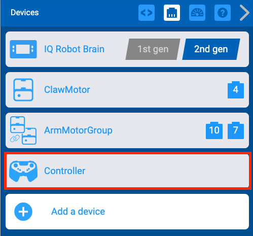 „VEXcode IQ“ įrenginių meniu su paryškintu anksčiau pridėtu valdikliu.