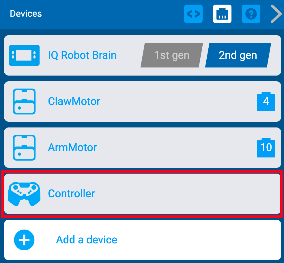 VEXcode IQ Devices menüsü, daha önce eklenen Kontrol Cihazı'nın vurgulandığı şekilde.